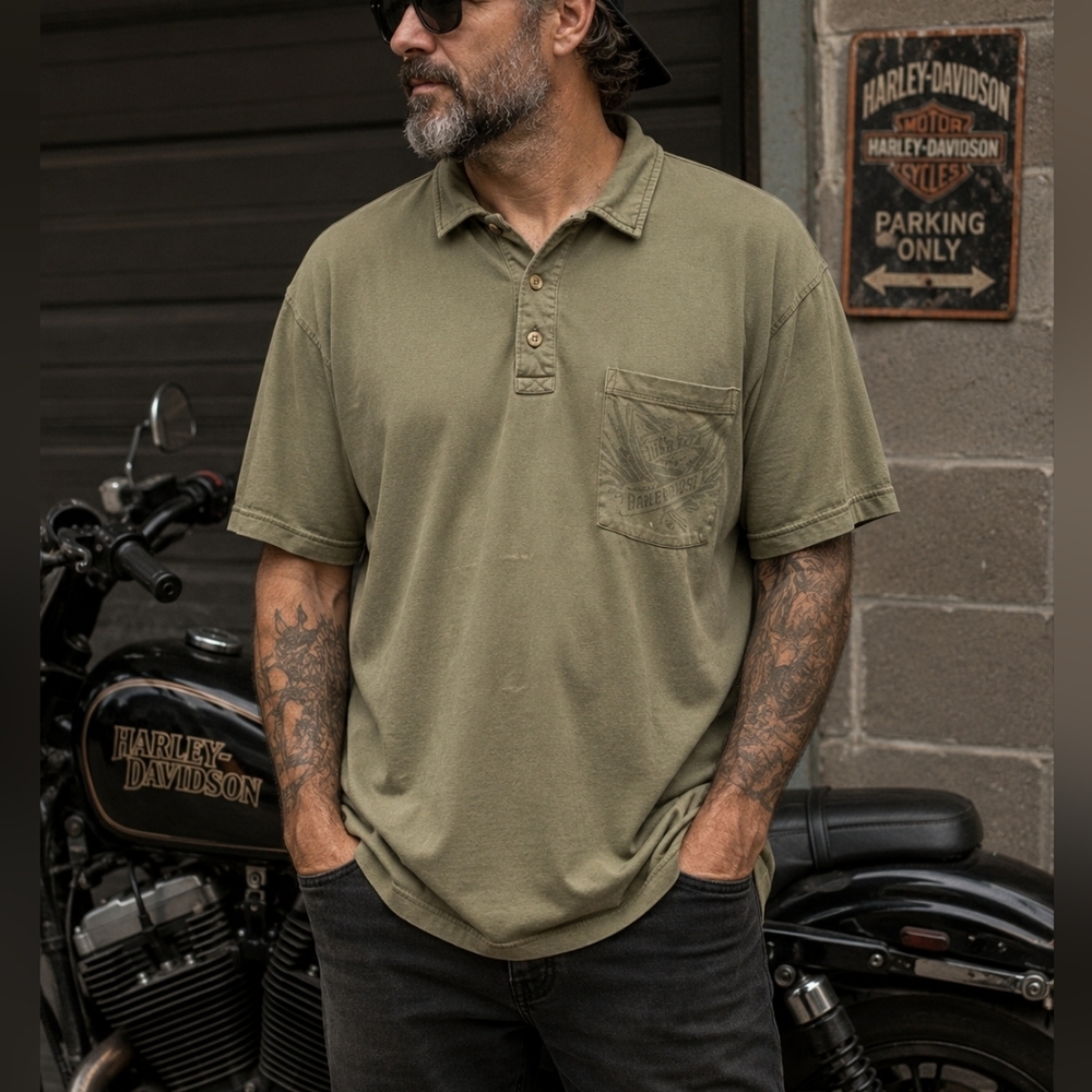 Harley-Davidson Green Polo Shirt Men’s XL Embroidered Pocket Casual Biker Tee